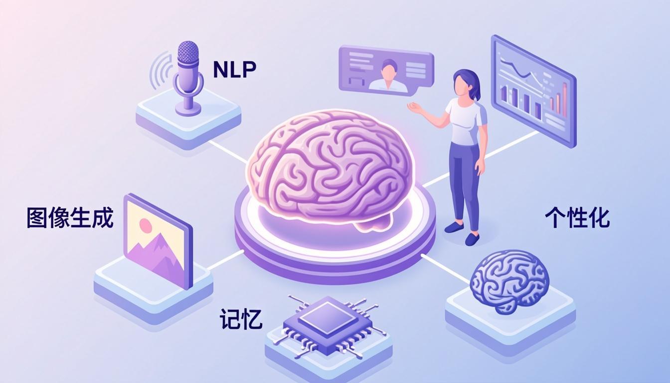 AI companion technology stack showing chat, voice, image gen, memory, and personalization