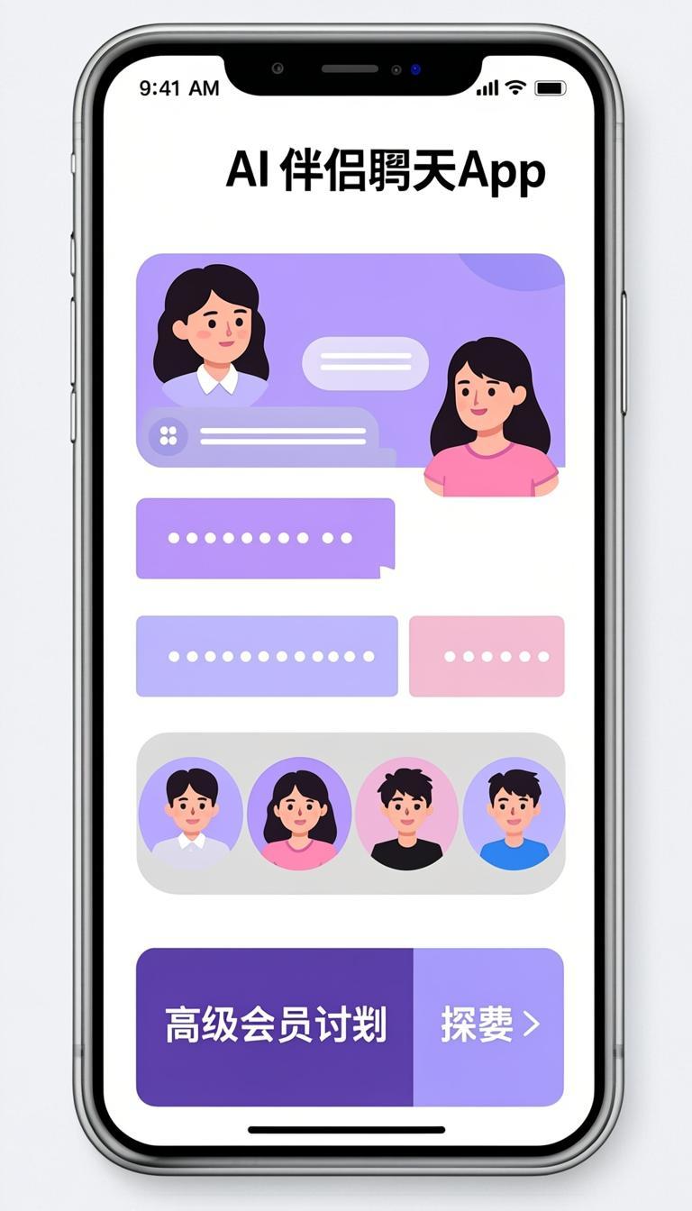 User mobile app showing AI companion chat with avatar and voice call