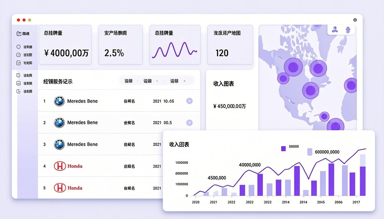 Master admin panel for car dealership marketplace showing listings KPIs, dealer verification, and revenue chart