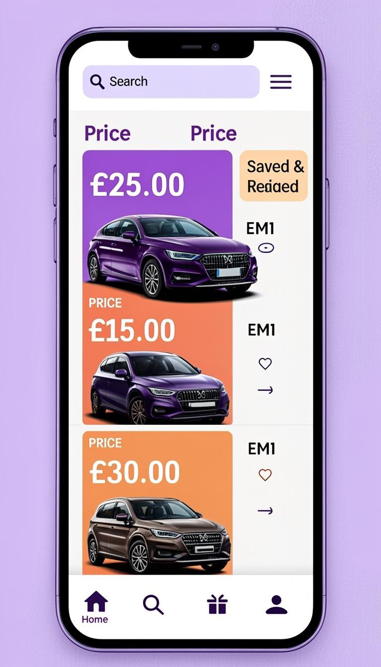 Buyer mobile app showing used car search results, price valuation, and EMI calculator
