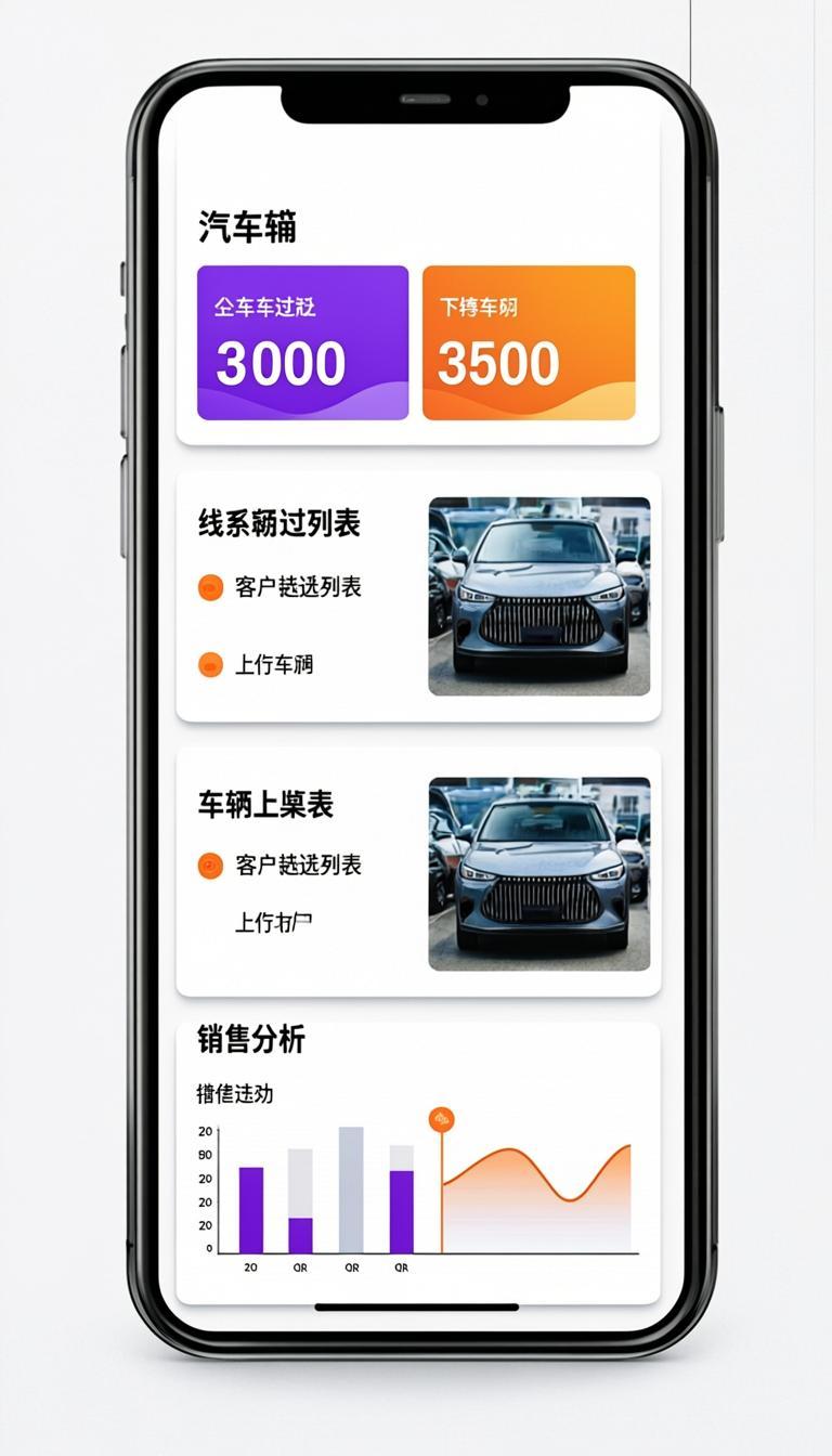 Dealer panel mobile app showing inventory dashboard, lead management, and sales analytics