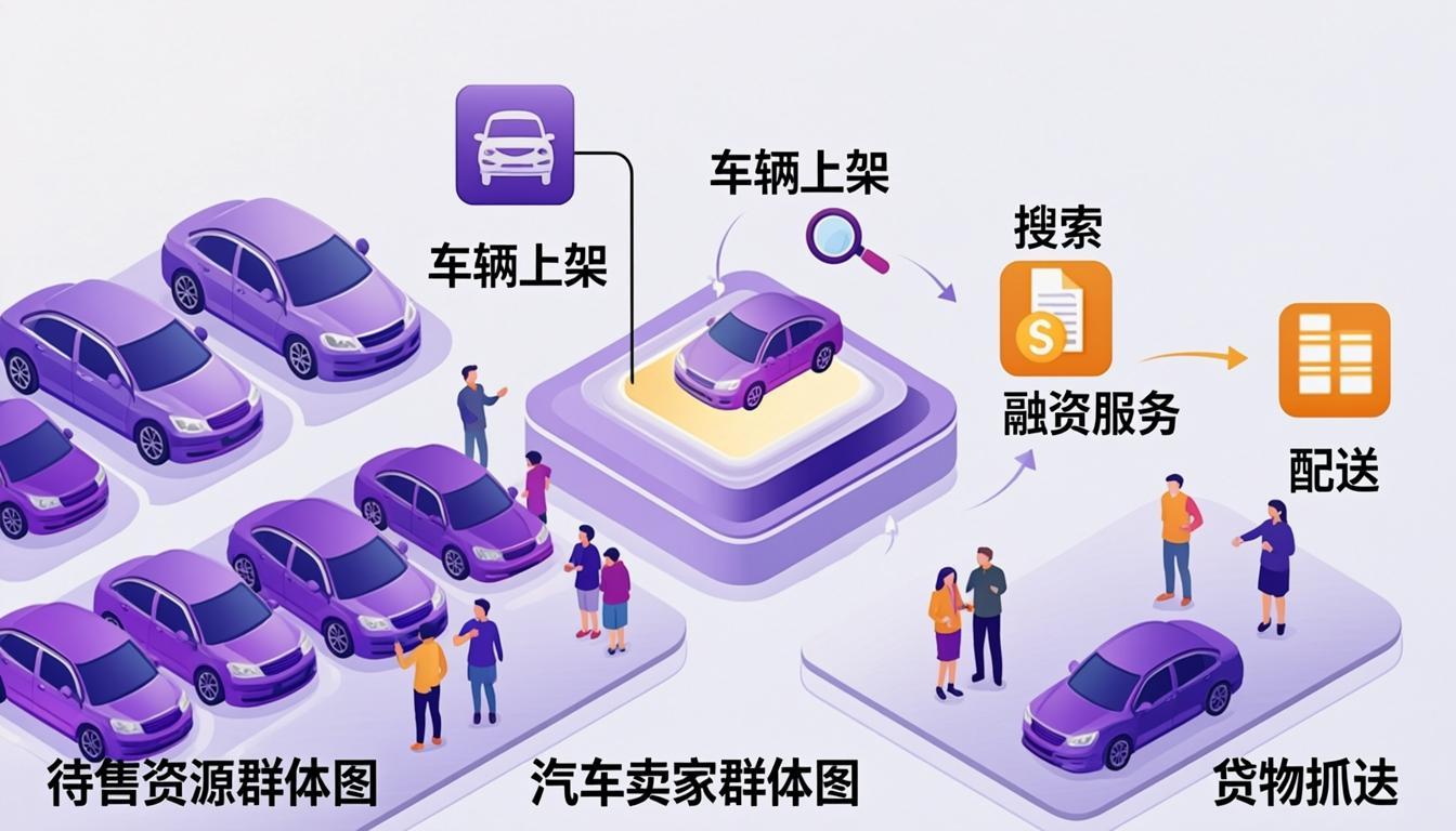 Car marketplace ecosystem showing sellers, buyers, financing, and delivery connected through a mobile app