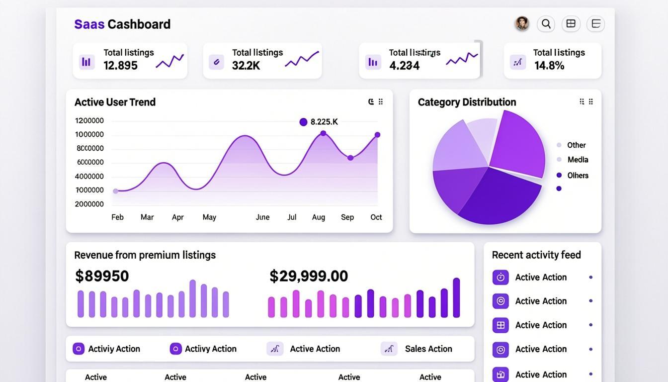 Master admin panel for classified ads marketplace with listings KPIs and category distribution
