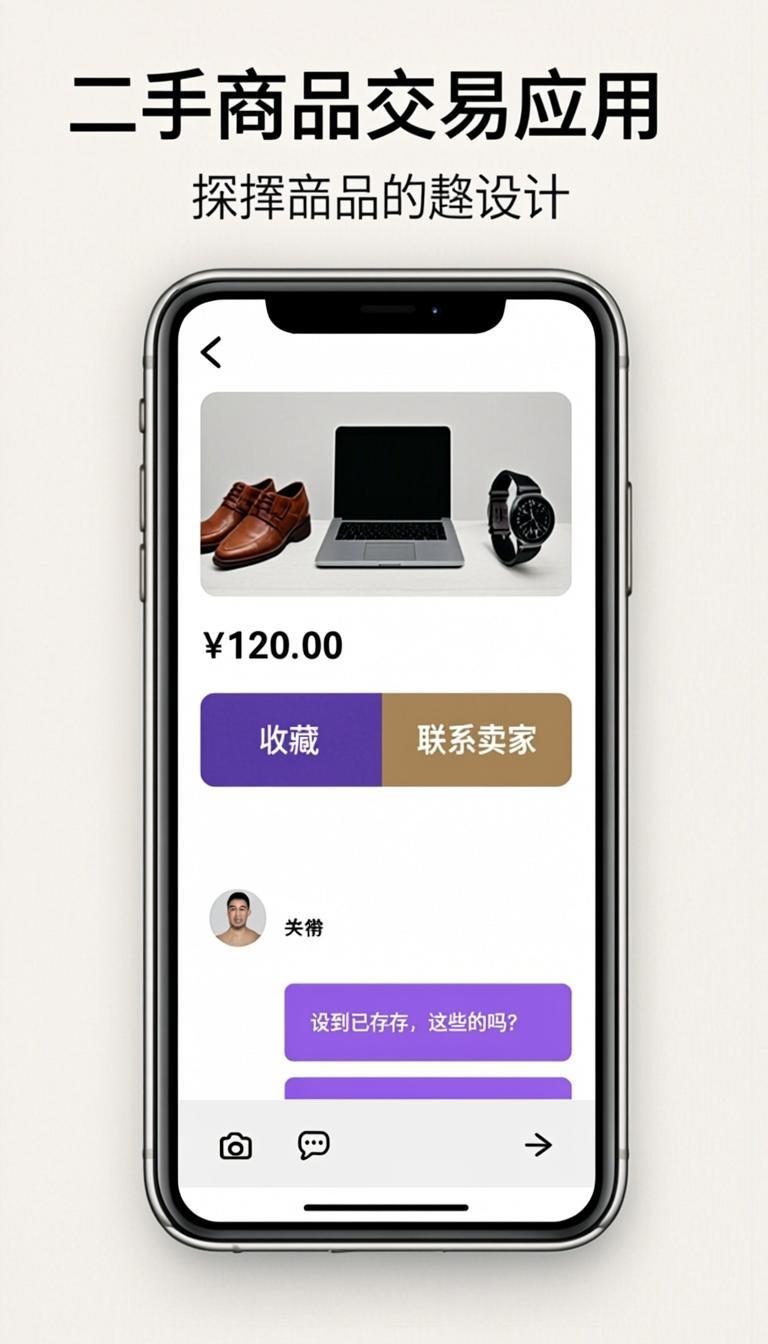 Buyer mobile app showing classified listing detail with photo gallery, price, and contact seller button