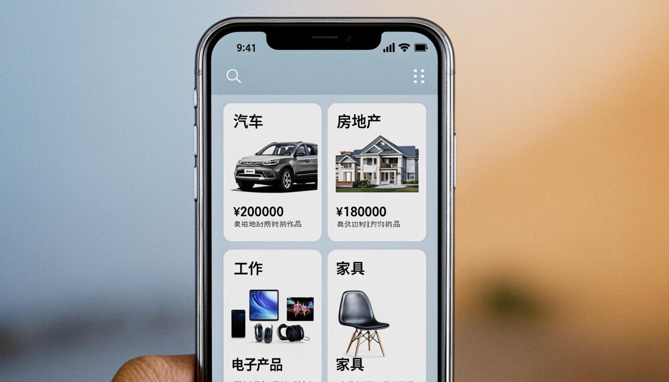 White Label Classified Ads App showing multi-category listing grid with cars, real estate, and electronics