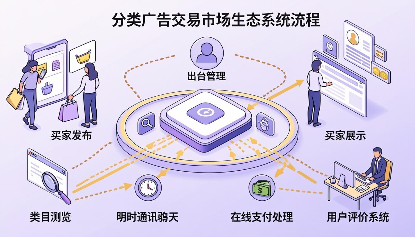 Classified ads marketplace ecosystem showing sellers, buyers, moderators, and admin connected through the app