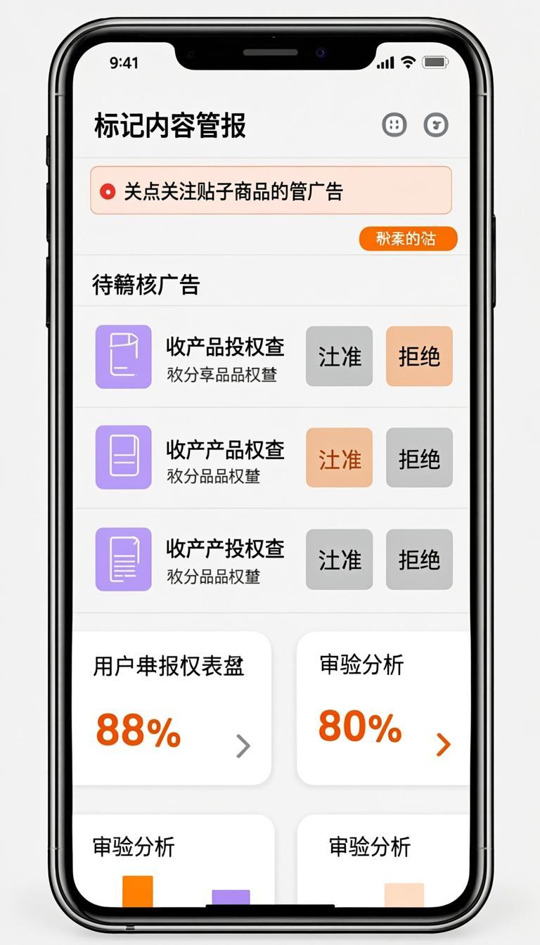 Moderator app showing listing review queue with approve and reject buttons and flagged content alerts