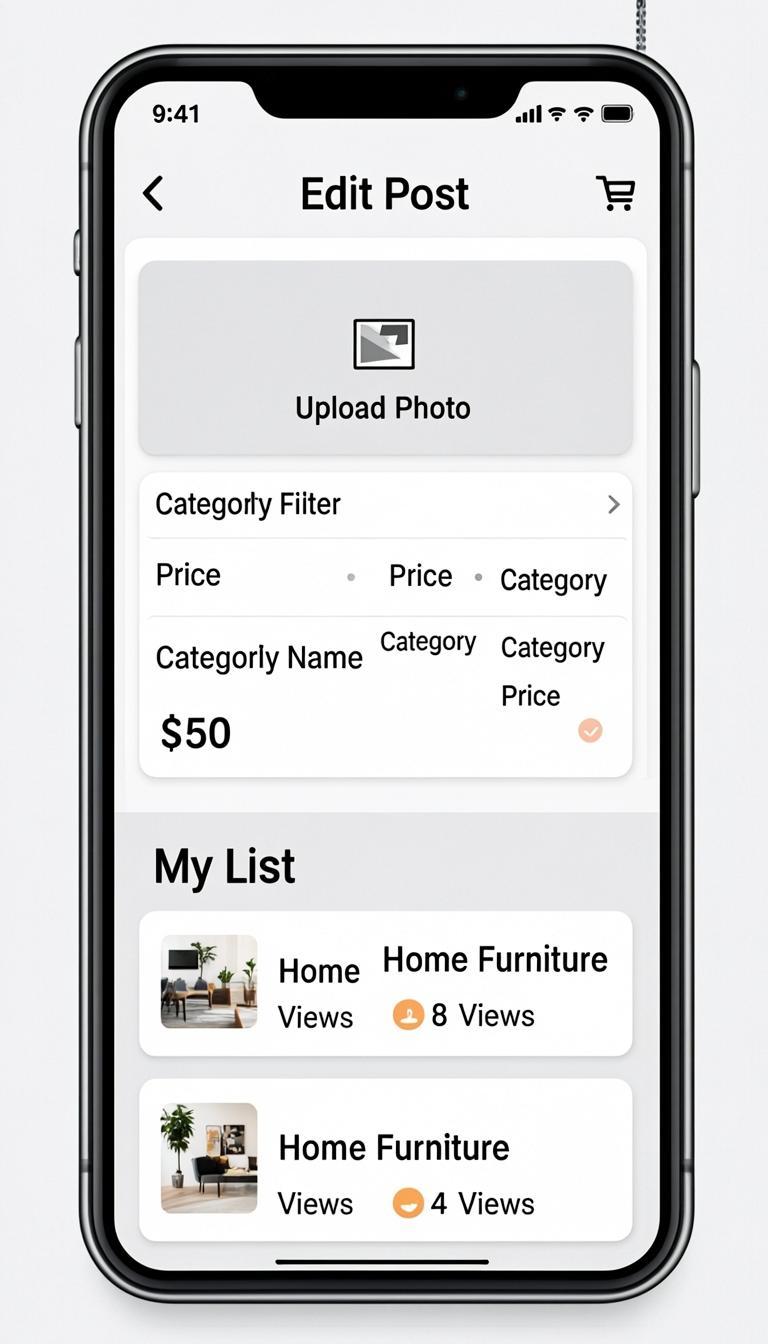 Seller app showing create listing form with photo upload and my listings dashboard