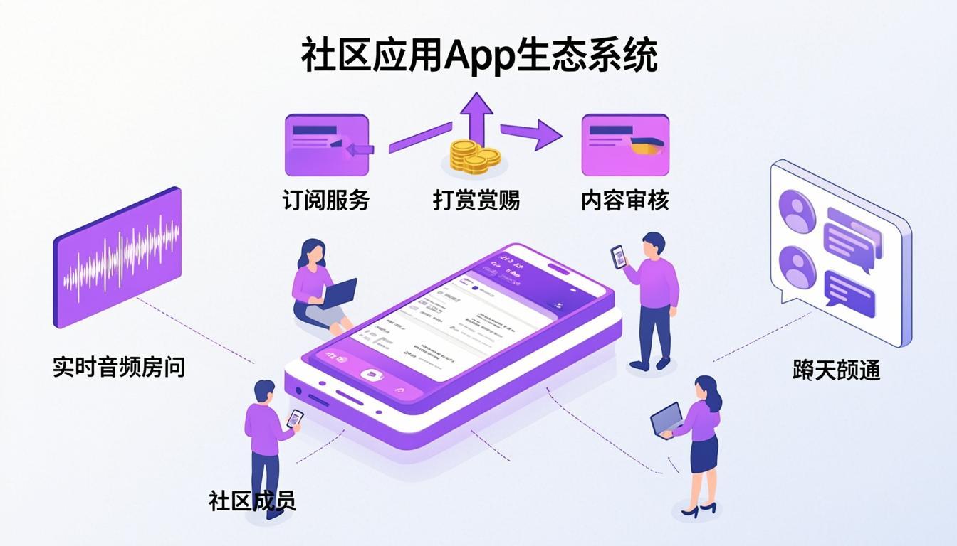 Community app ecosystem showing creators, members, audio rooms, chat channels, and monetization flows
