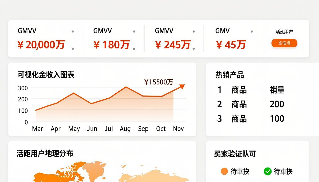 Master admin panel for e-commerce marketplace with GMV KPIs and seller verification
