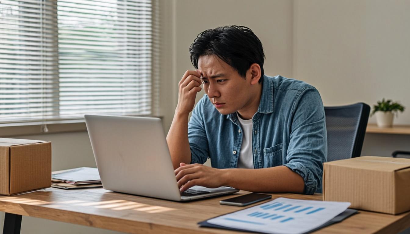 Frustrated e-commerce entrepreneur with abandoned cart analytics