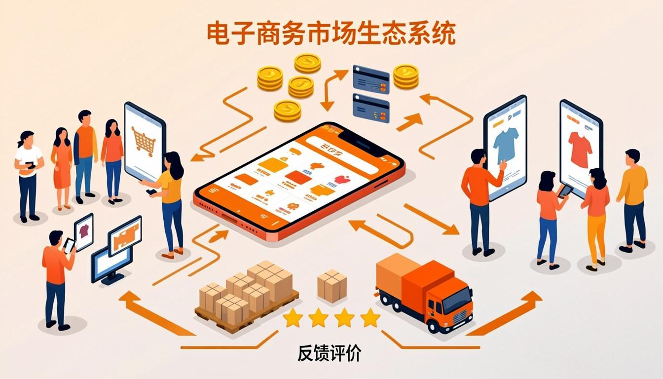 E-commerce marketplace ecosystem showing sellers, buyers, payments, logistics, and reviews