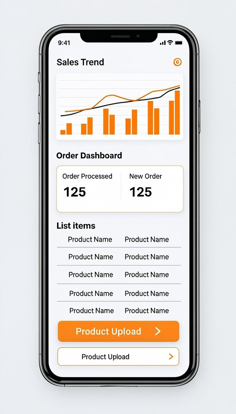 Seller panel showing orders dashboard, inventory, and analytics