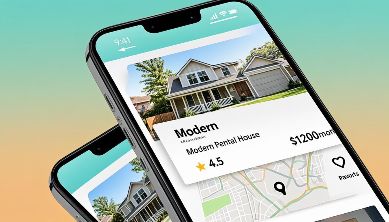 White Label Home Rental App showing property listings, rent prices, and map view