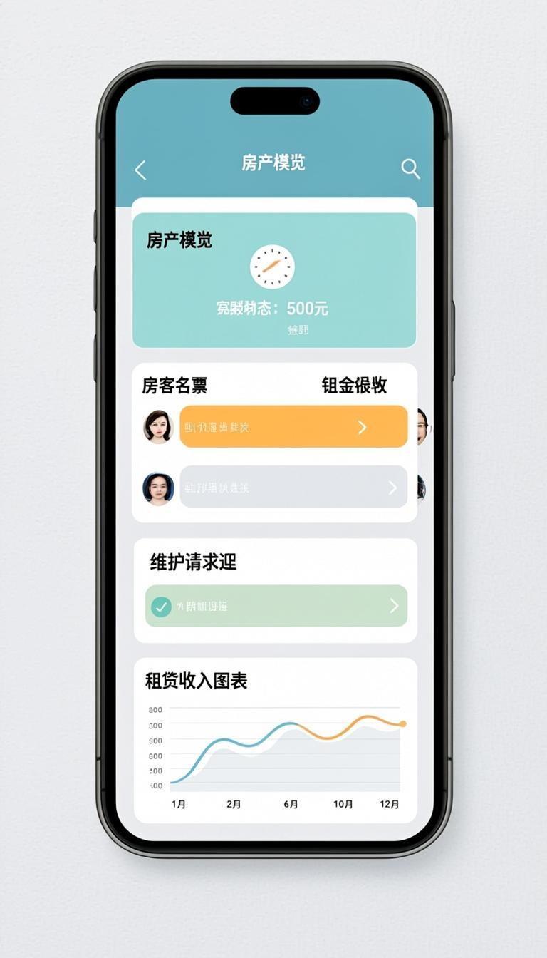 Landlord app showing properties dashboard, tenant list, and rent collection status