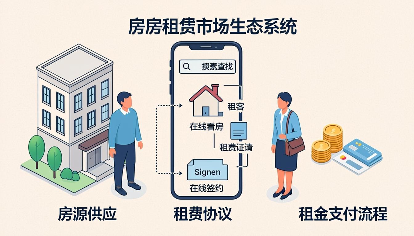 Home rental marketplace ecosystem showing landlords, tenants, properties, leases, and rent payments