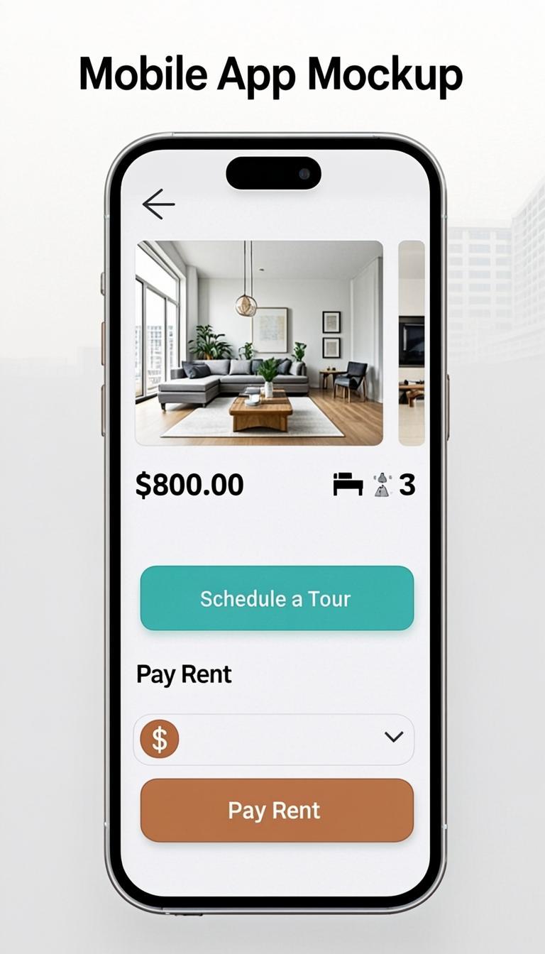 Tenant mobile app showing rental property detail, photo gallery, and pay rent screen