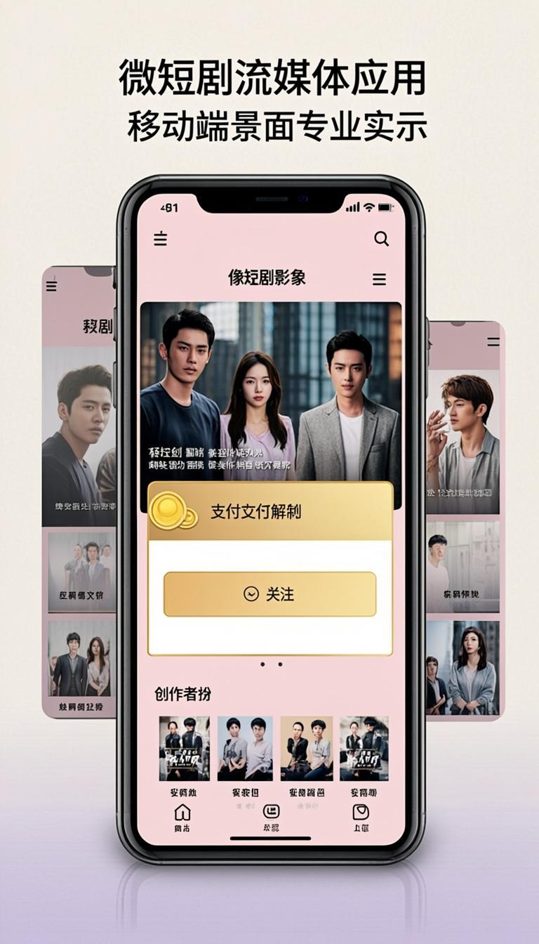 User mobile app showing vertical short drama video feed, coin wallet, and episode unlock screen