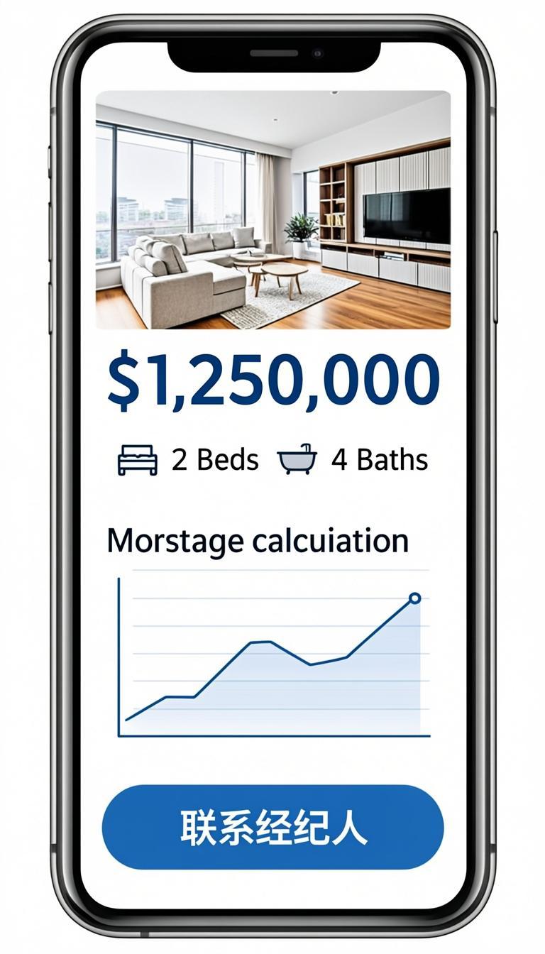 Buyer mobile app showing property detail, photo gallery, and mortgage calculator