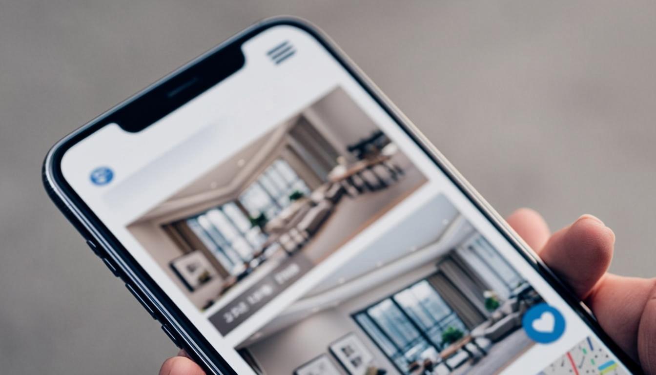 White Label Real Estate App showing property listings, map view, and save favorite button