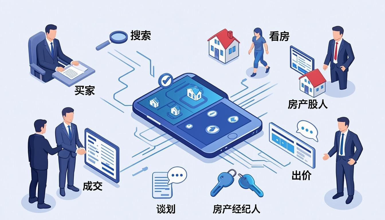 Real estate marketplace ecosystem showing buyers, sellers, agents, and listings connected through the app